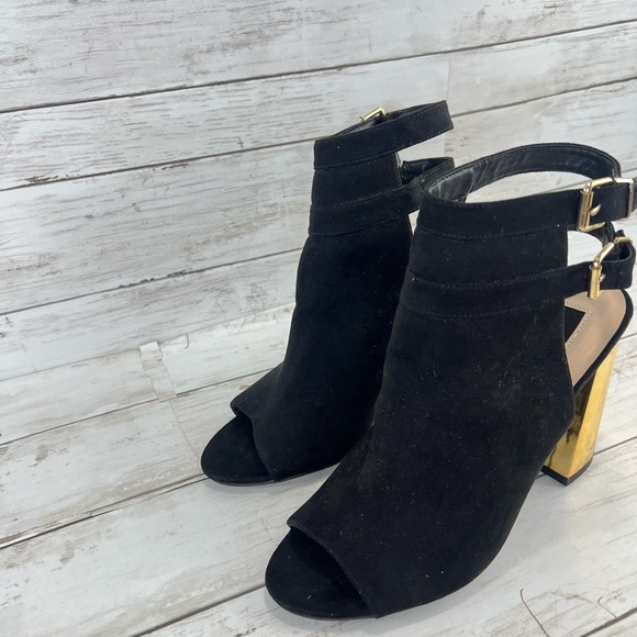 Forever 21 Black Peep Toe Booties with Block Gold Heel Buckle Double Straps 8 - Picture 7 of 14